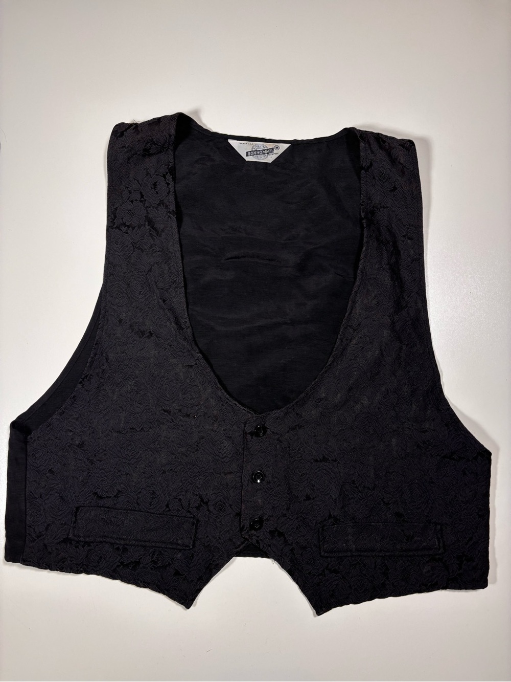 American Bonhomme Vintage Black Floral Brocade Suit Vest Mens Medium